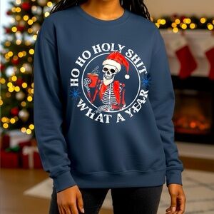 NWOT boutique Ho Ho Ho Holy shit what a year” Christmas skeleton Santa sweater